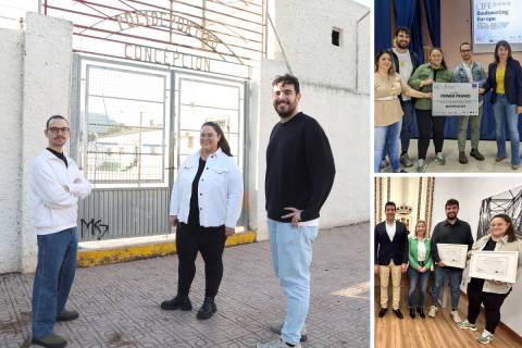 Composición con los tres arquitectos junto a la pista deportiva anexa al local social y recogiendo los premios de Cartagena y Blanca.